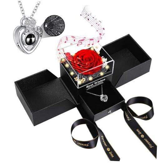 Preserved Real Rose Gift Box with Necklace, Eternal Flowers Rose Birthday Red