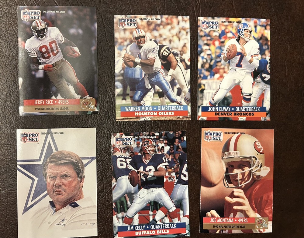 Lot of 45 Vintage NFL NBA MLB Trading Cards Featuring Legends Like Elway, Rice, Montana, Deion, Ditka, and Isiah