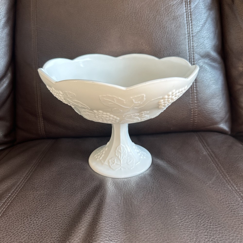 Vintage Milk Glass Pedestal Bowl with Grape Design 10x8 Inches