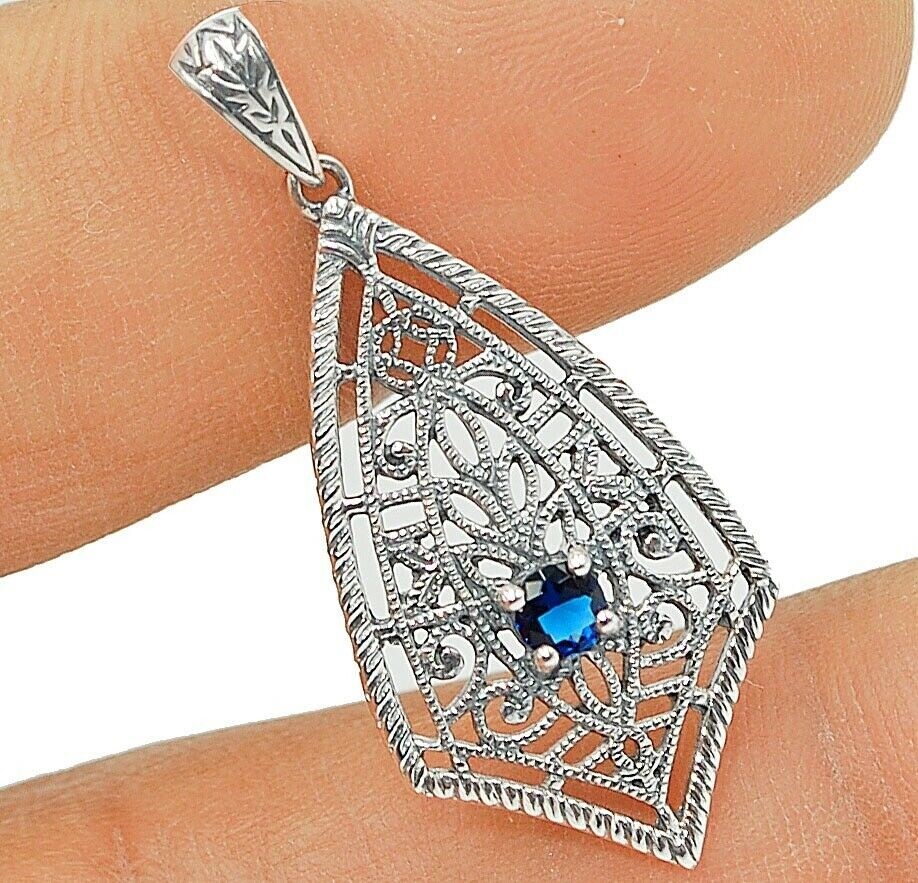 Treated Blue Sapphire 925 Solid Sterling Silver Victorian Style Pendant AB102