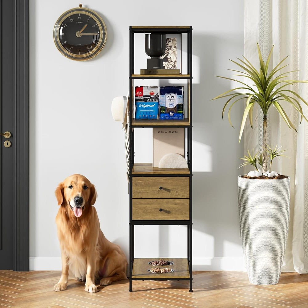 Industrial Bookshelf with 2 Dog Bowls - Metal & Wood Standing Display Shelf