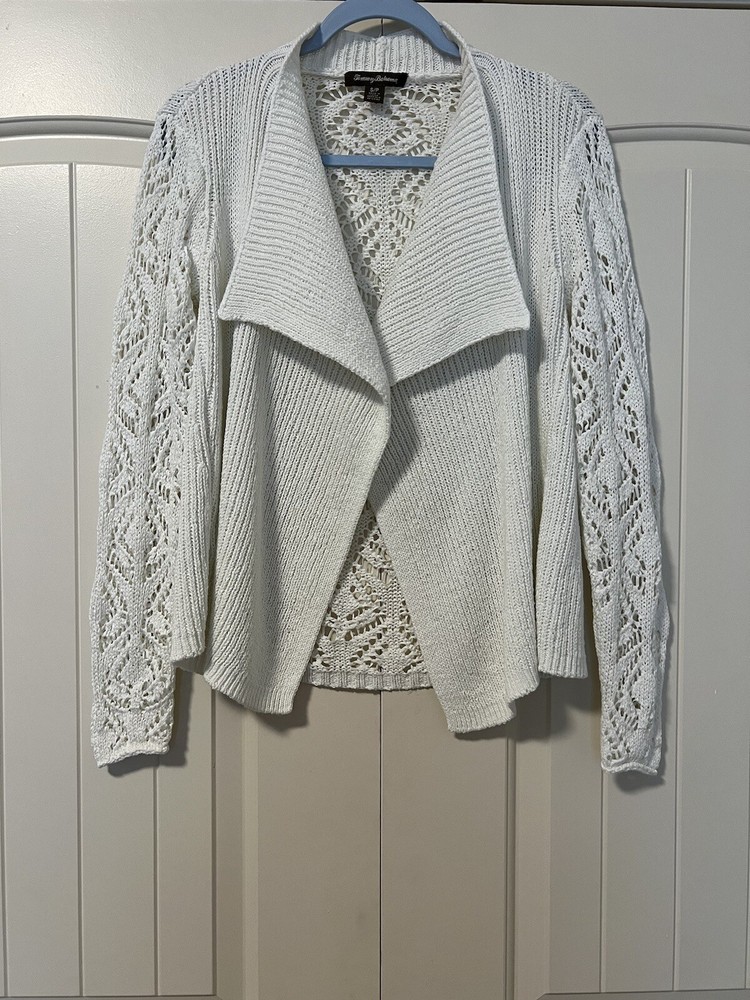 Tommy Bahama Womens White Long Sleeve Open Knit Cotton Blend Cardigan Size S