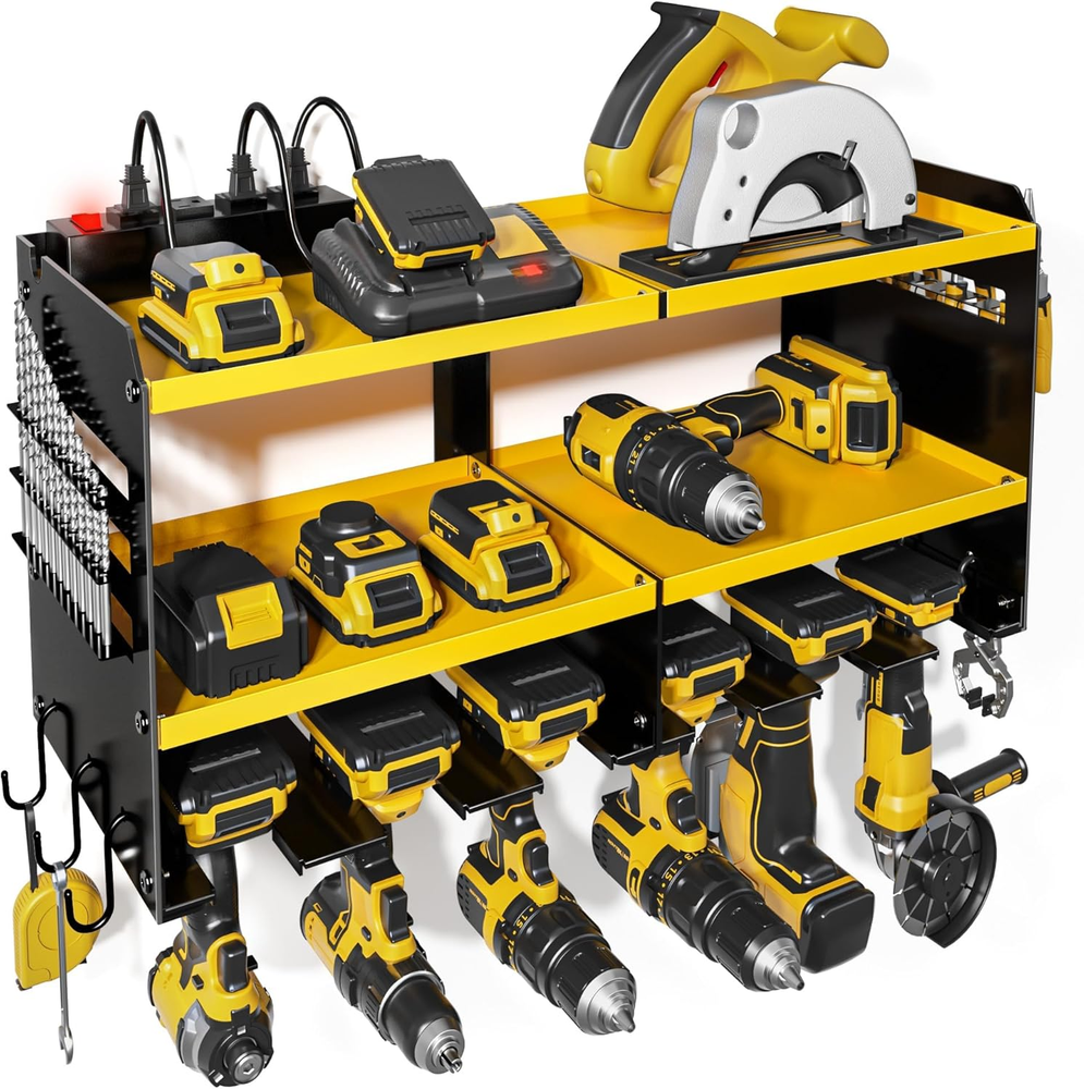 Wall-Mounted Power Tool Organizer with Charging Station and 6 Drill Holders