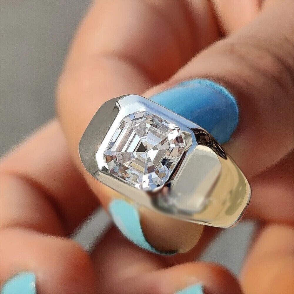 Asscher Cut Moissanite Men's Wedding Ring in 14K White Gold