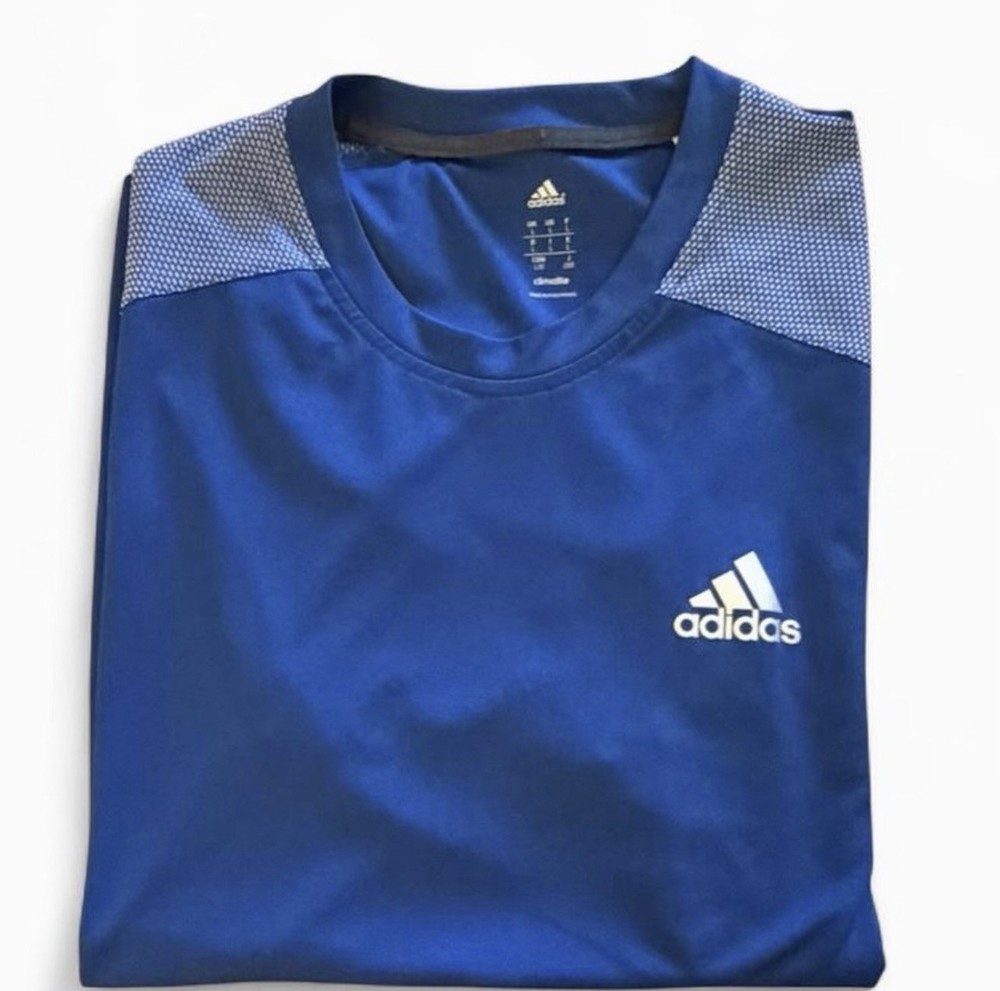 Adidas Mens L Blue Climalite Athletic Training Shirt Short Sleeve
