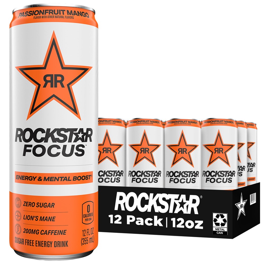 Rockstar Focus Zero Sugar Energy Drink, Passionfruit Mango 12 Oz 12 Pack Cans