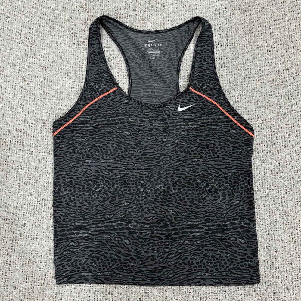 Nike Dri-FIT Women’s Racerback Tank Top XS Gray Black Animal Print Running Gym