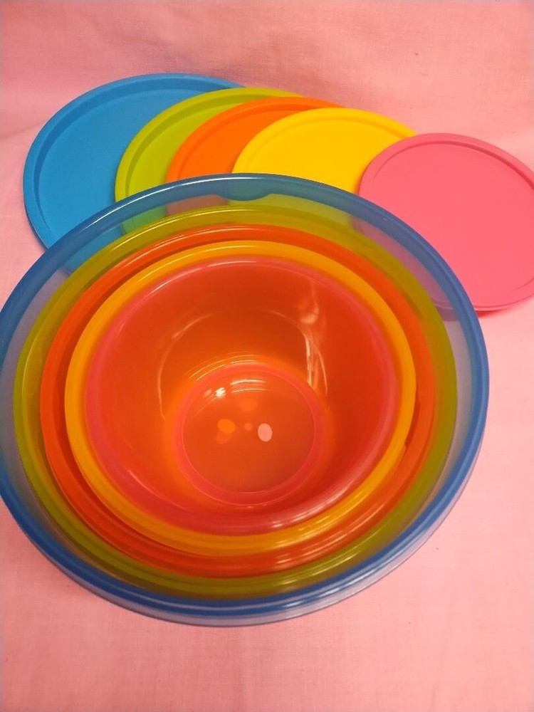 Set of Five (5) Heavy Plastic Nesting Storage Bowls with Lids