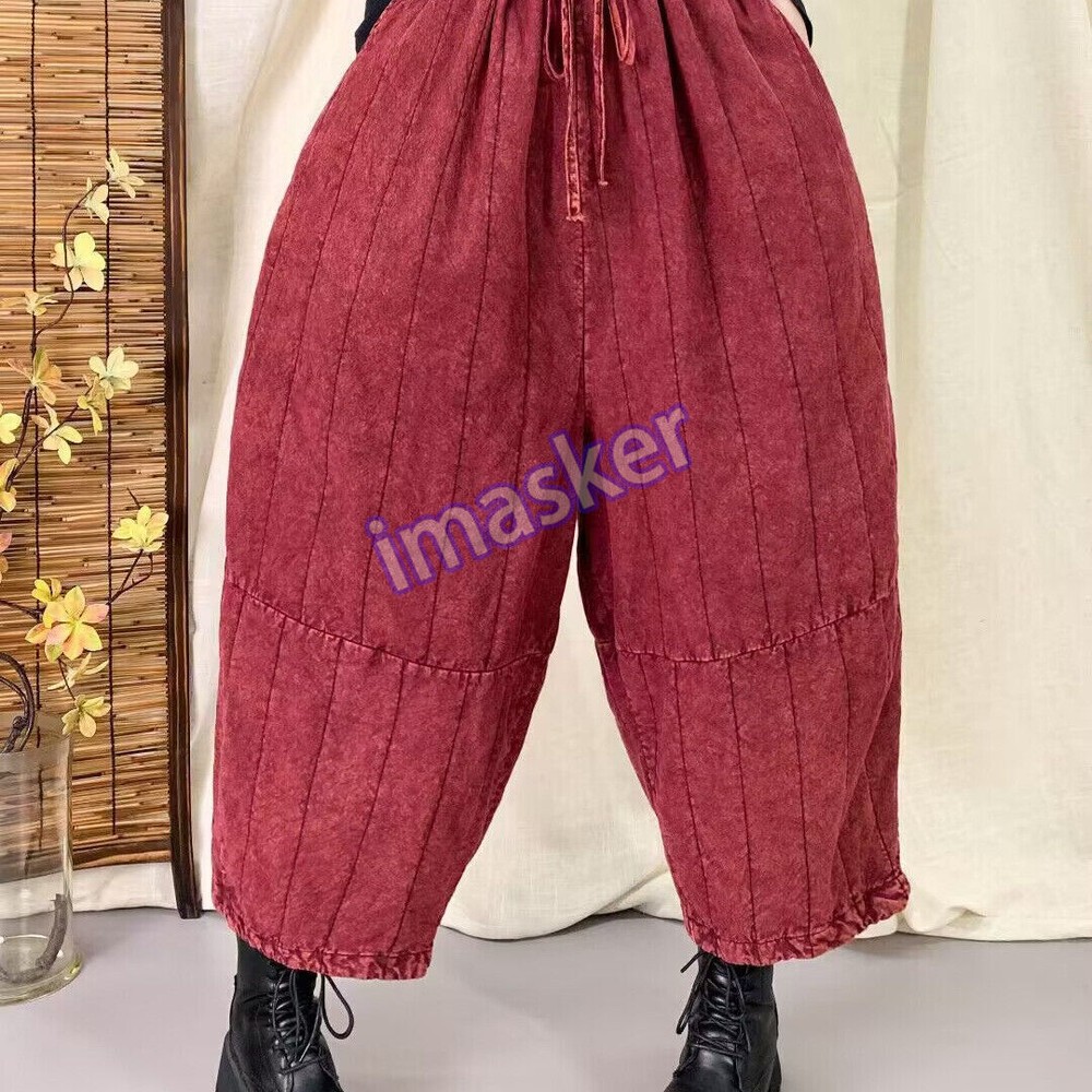 Retro Style Women Ankle Harem Pants Loose Fit Cotton Linen Quilted Padded Casual