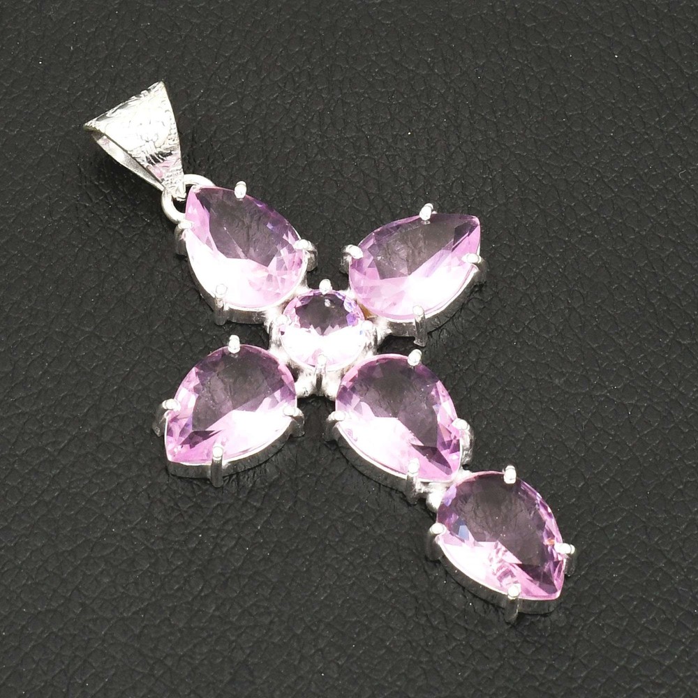 Pink Topaz Handmade Ethnic Cross Pendant Jewelry Gift 2.6 Inches AP-30730