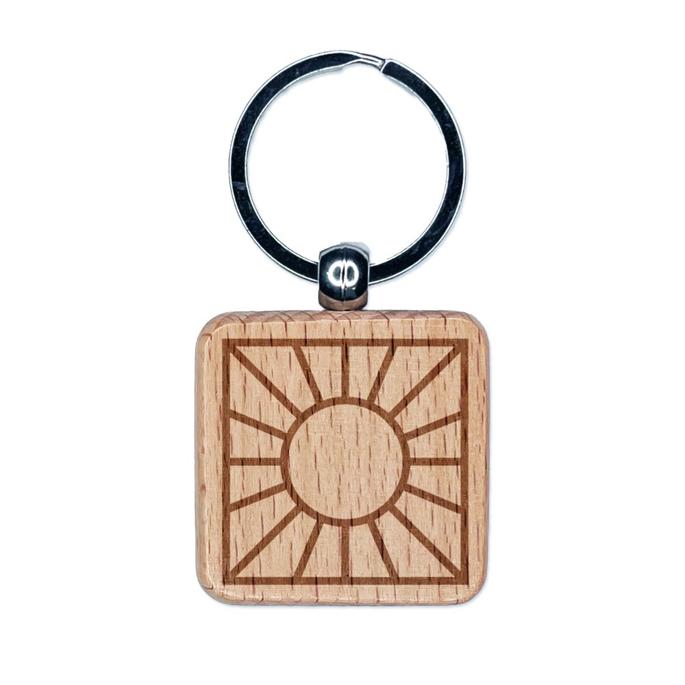 Sun Rays Engraved Wooden Square Keychain Charm  