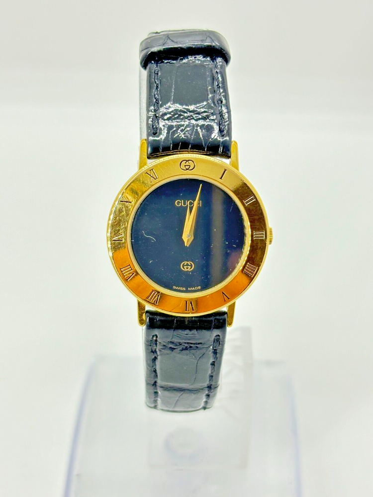 [Exc+5] GUCCI 3000L WOMEN'S GOLD BLACK VINTAGE WATCH QUARTZ Used Working F/S