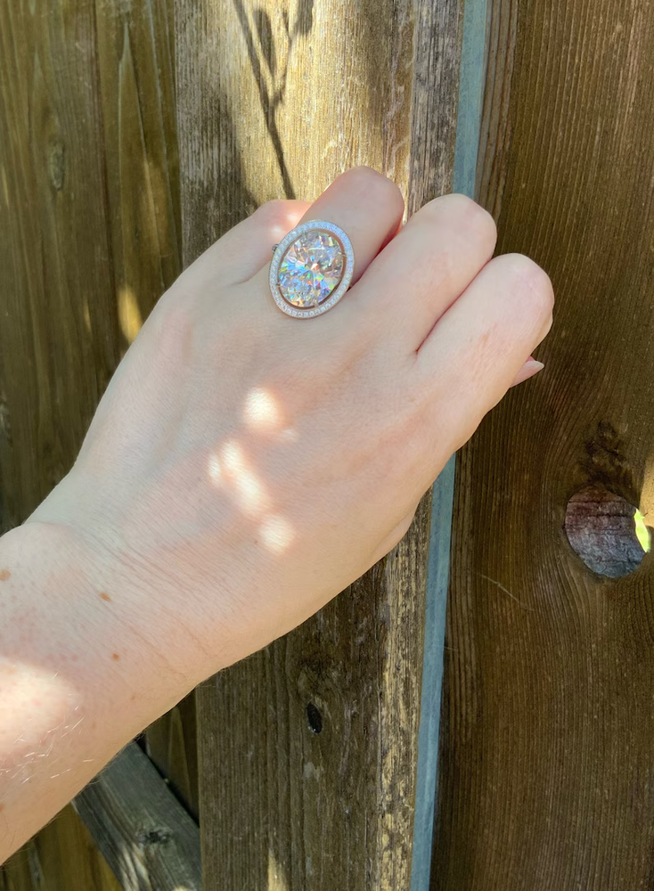 5ct Oval Simulated Diamond Women Cluster Halo Ring 14k White Gold Plated Silver