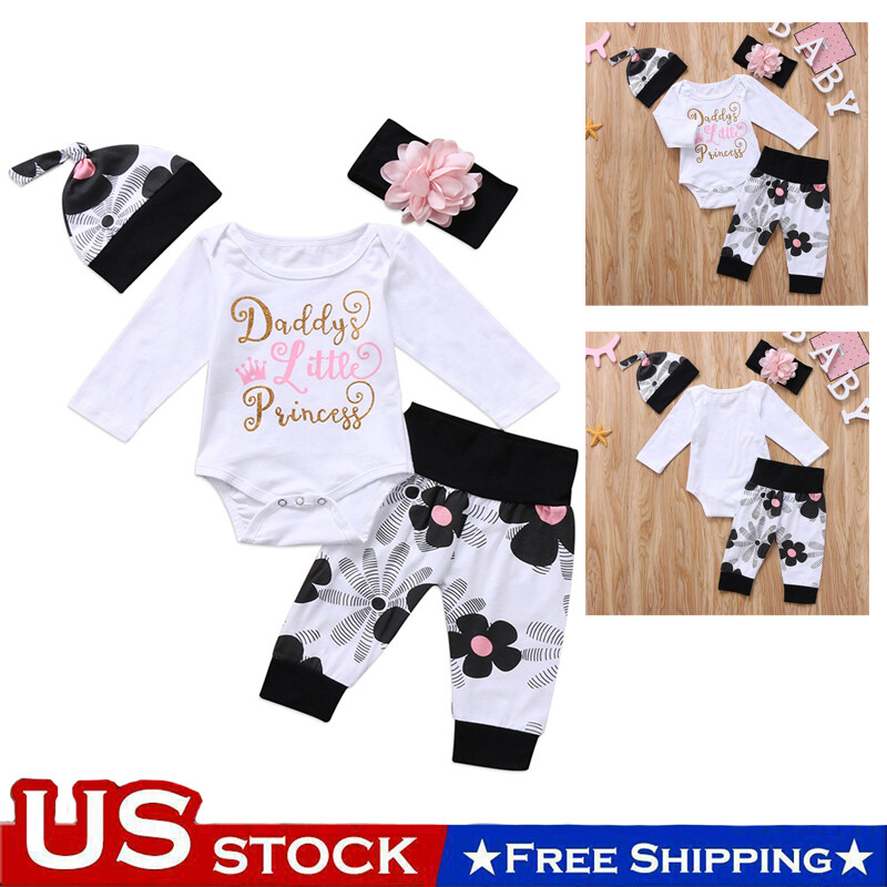4Pcs Newborn Baby Girl Clothes Romper Bodysuit Tops Pants Headband Outfits Set
