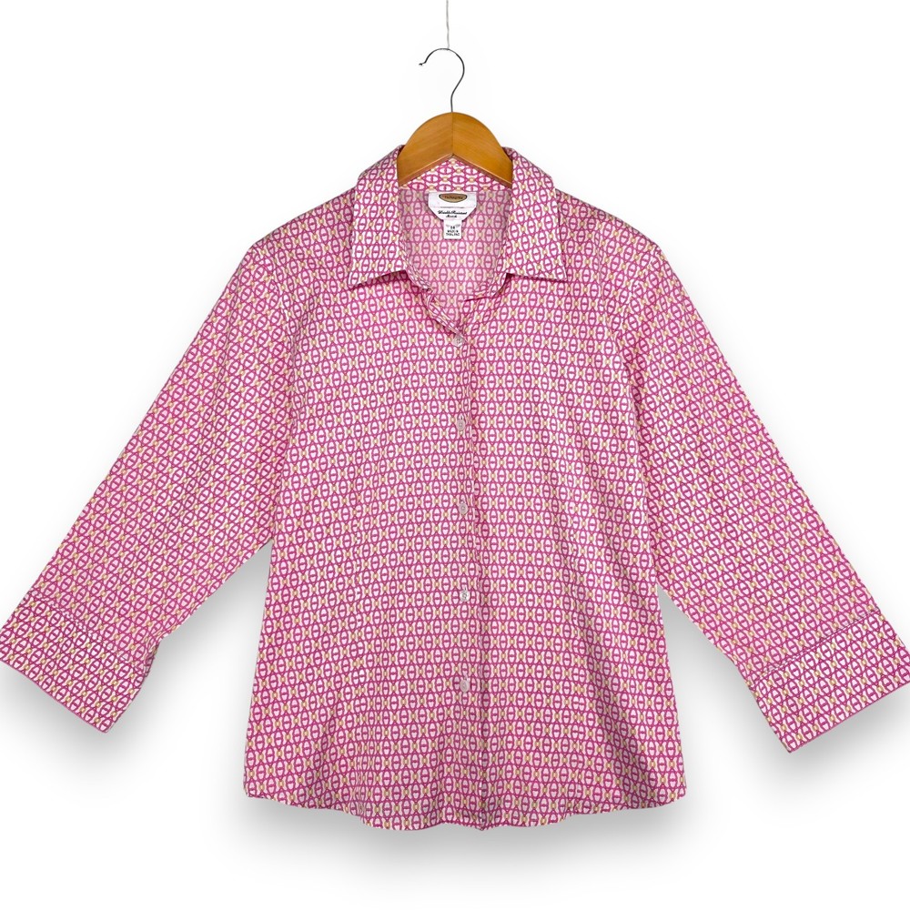 Talbots Pink Yellow Print Wrinkle Resistant Stretch 3/4 Sleeve Button Down 14
