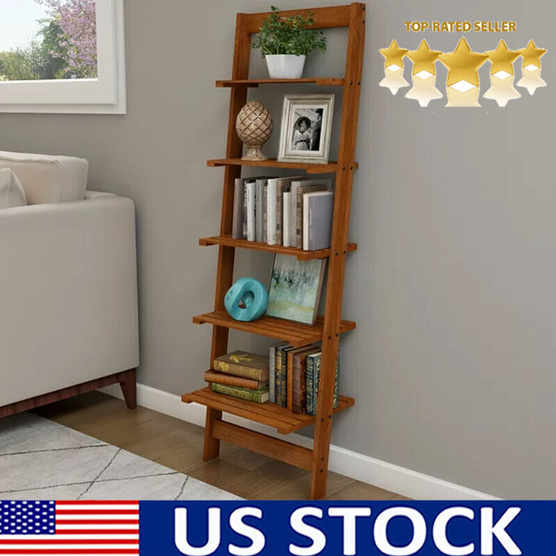 5 Tier Wooden Leaning Ladder Bookcase Shelf Wall Storage Organizer Unit