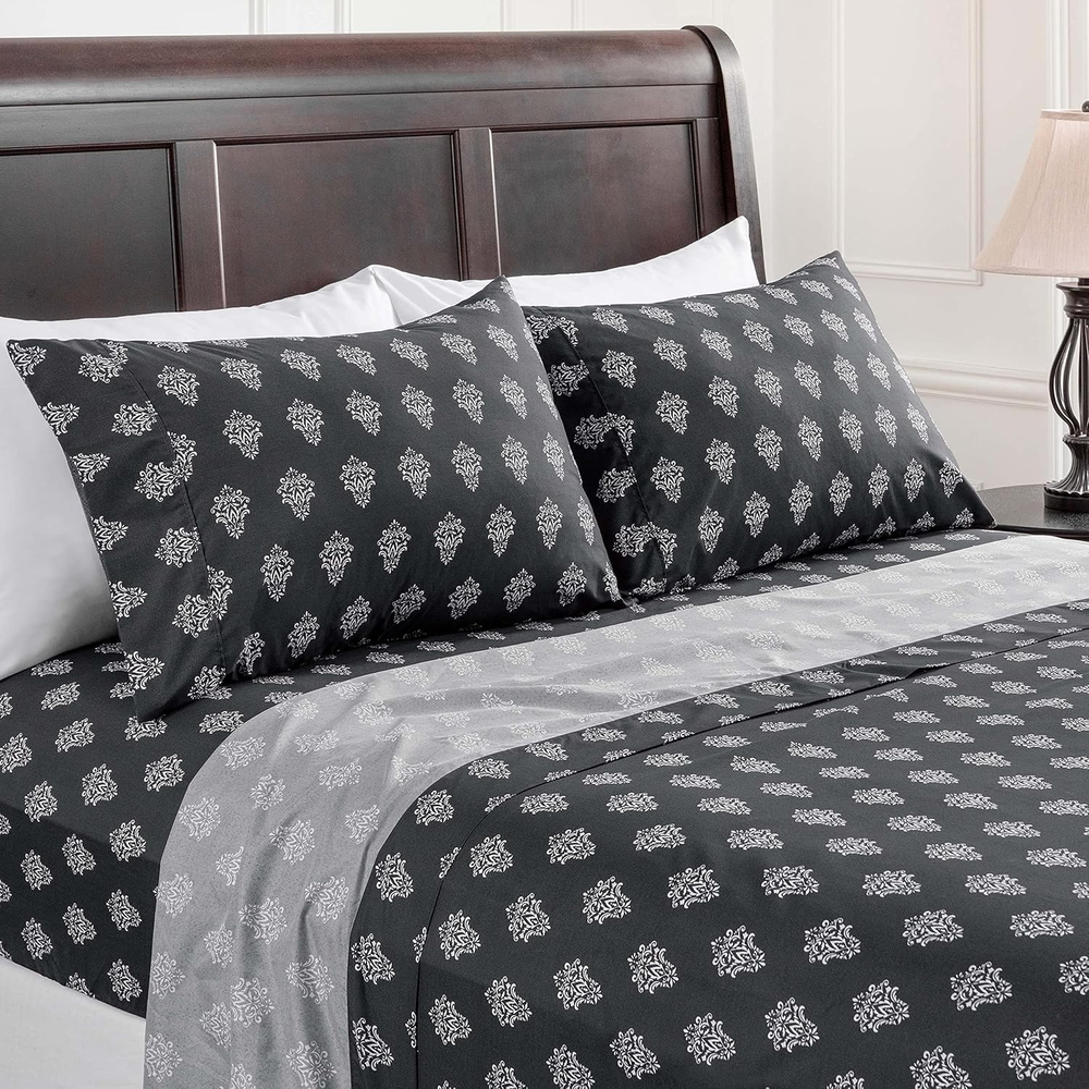 Premium Small Damask Printed Victorian Patterned Queen Bed Sheet Set 4-Piece - 1