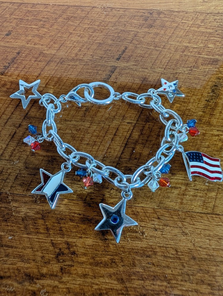 Patriotic Red White And Blue Silver Tone Bracelet