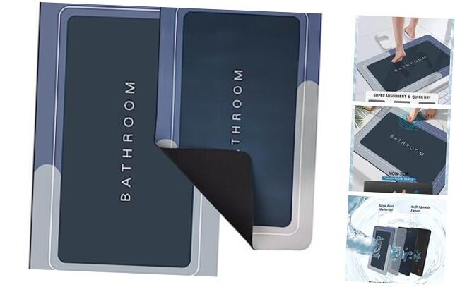 2 Non-Slip Quick-Dry Bath Rugs 17x27 + 20x32 Rectangle Blue