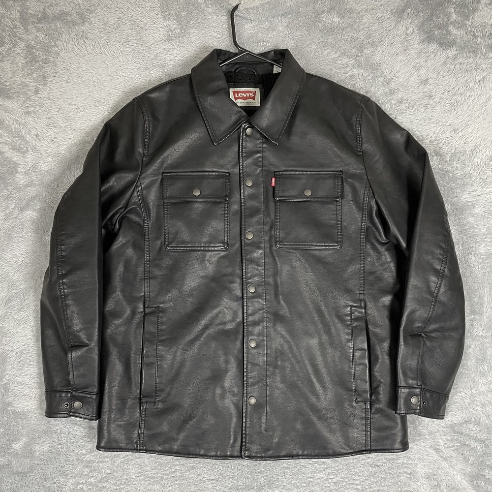 Levis Mens Black Faux Leather Sherpa Lined Trucker Jacket Large Warm Coat