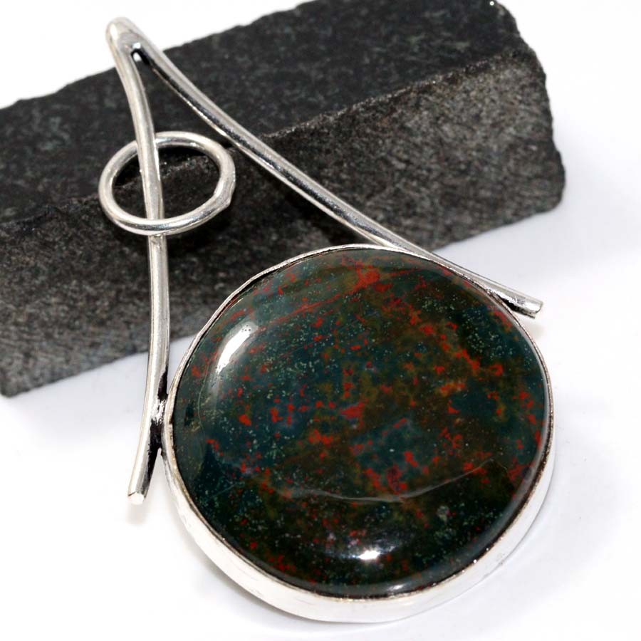 925 Silver Plated Bloodstone Ethnic Pendant Handmade Jewelry Size 2.1