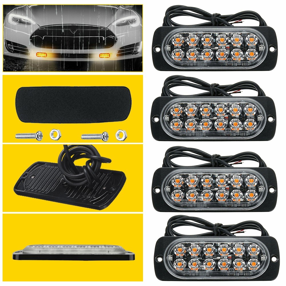 4x Amber LED Strobe 12 Light Truck Bar Beacon Hazard Flash Bright