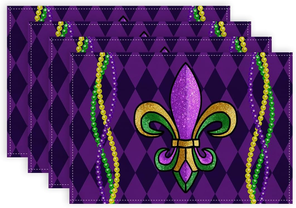 Mardi Gras Carnival Placemats 12X18 Inches Set of 4, Fleur De Lis Purple Seasona