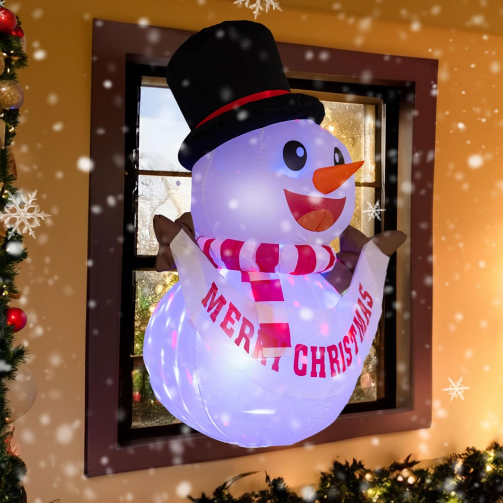 3.5Ft Christmas Inflatables Snowman Broke Out from Window Blow up LED Decoration