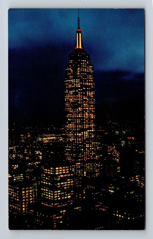 NYC Empire State Building Night View Antique Vintage Postcard