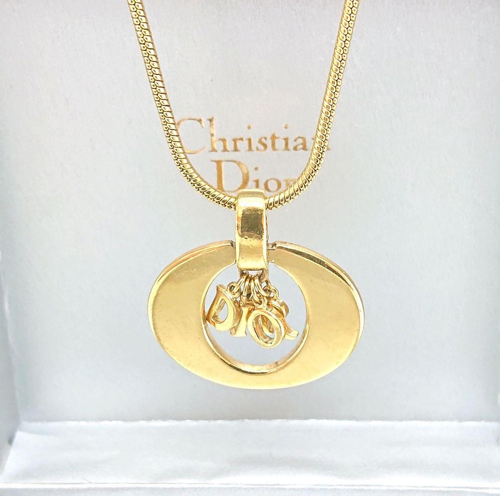 Christian Dior Logo Charm Necklace Gold Tone Pendant Jewelry Authentic From Japan RIN