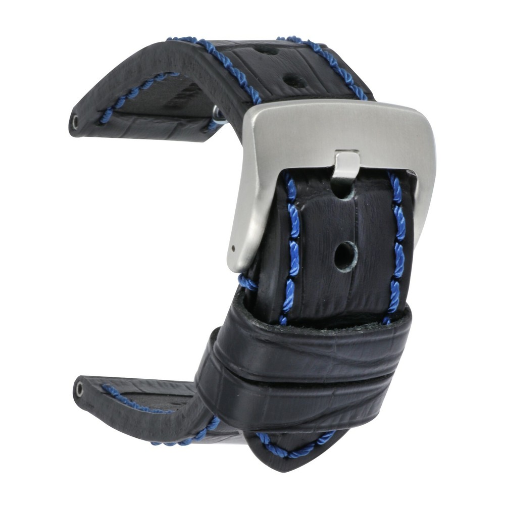 26mm Grain Leather Strap Black Watch Band for INVICTA Heavy Duty Buckle Blue V