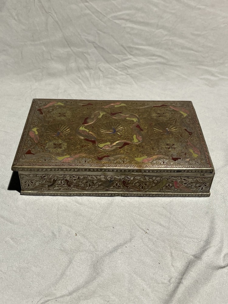 Old Brass Enamel Peacock Inlay Engraved Vintage Bird Handcrafted Jewellery Box