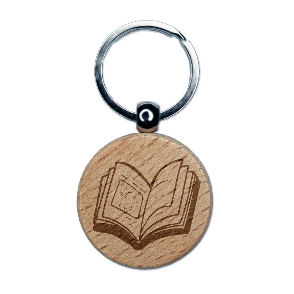 Open Book Engraved Wood Round Keychain Tag Charm