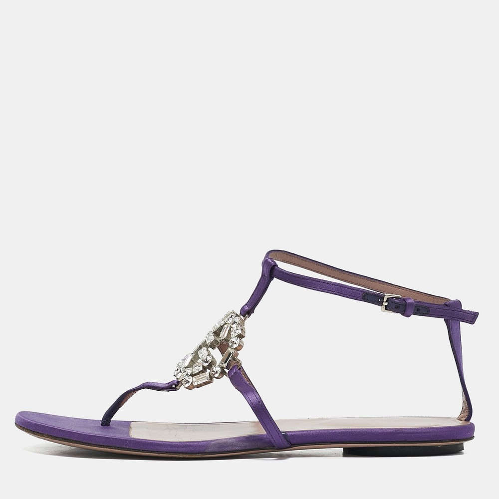 Gucci Purple Satin Crystal Embellished Interlocking G Thong Flat Sandals Size 36