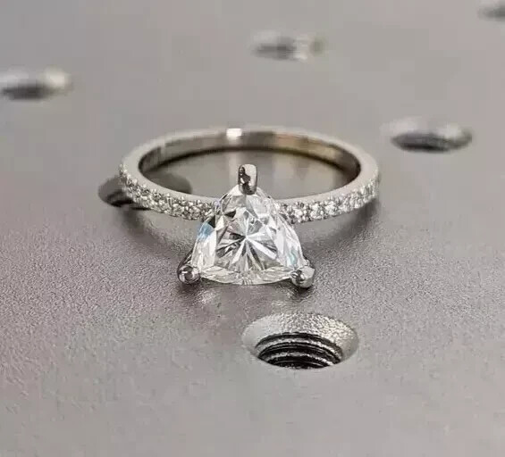 Trillion Cut Natural Moissanite Solitaire Engagement Ring 14K White Gold Plated