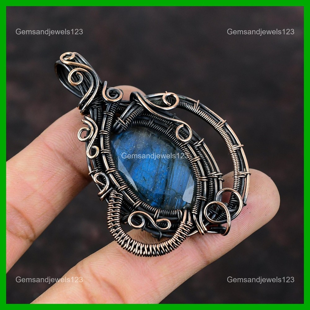Mothers day Deal Labradorite Gemstone Unique Wire Wrapped Pendant Jewelry Copper