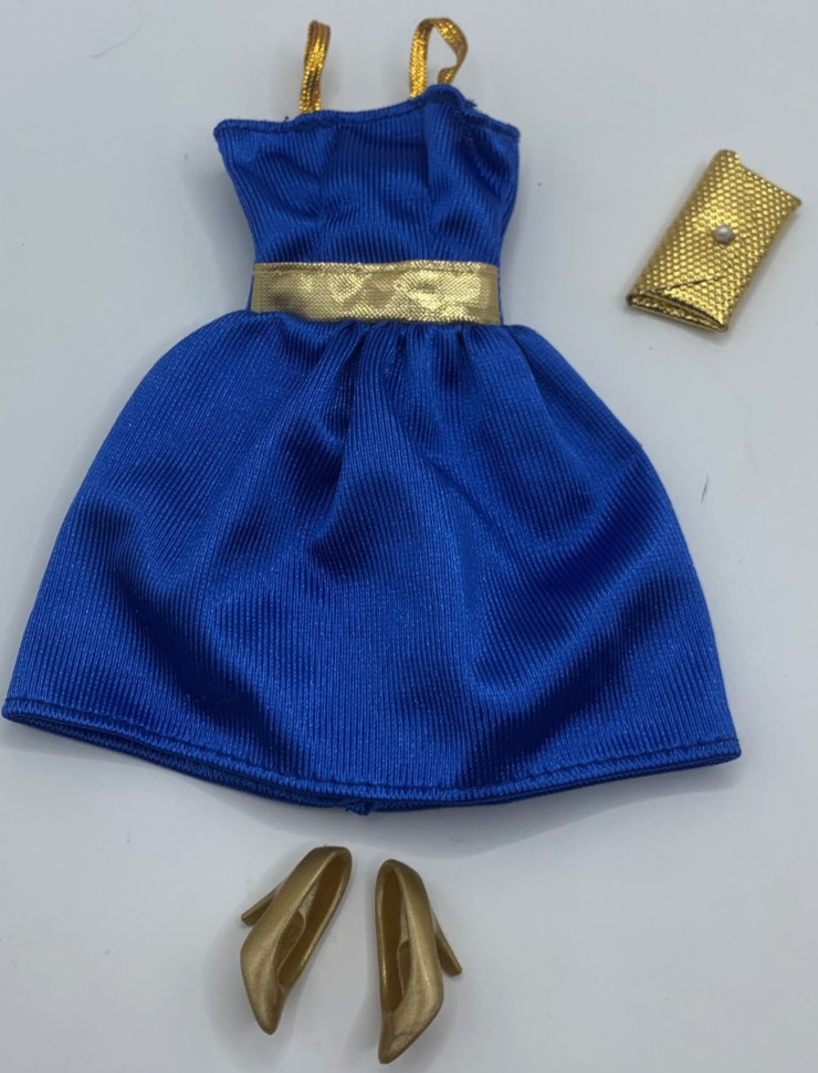 Vintage Barbie Fashions Outfit Blue Gold Short Simple Party Dress Clothes Shoes