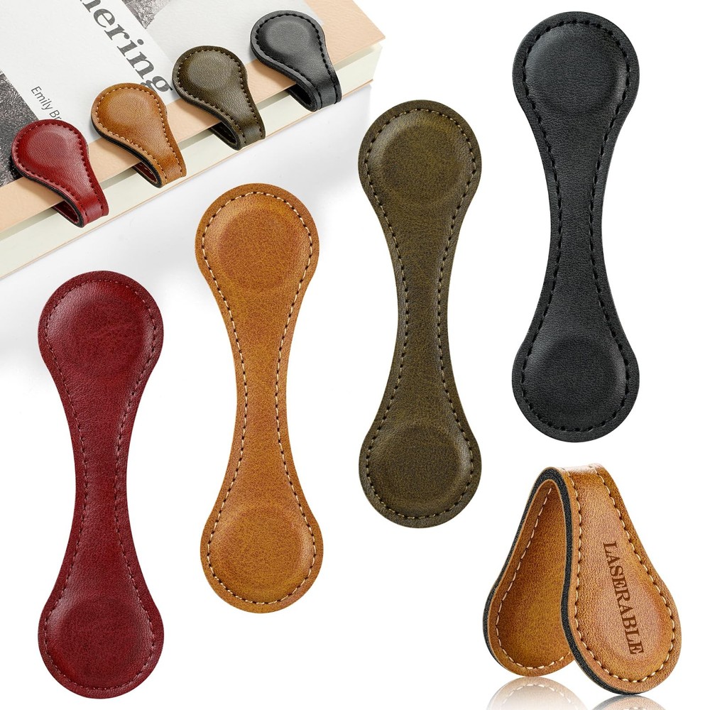 4 Pcs Magnetic Bookmarks, Classic Stitched Leather Bookmark, Lasable Engravab...