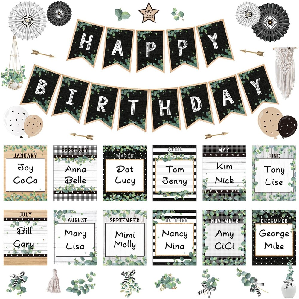 48 Pcs Classroom Happy Birthday Bulletin Board Sets Decorations Eucalyptus Gr...