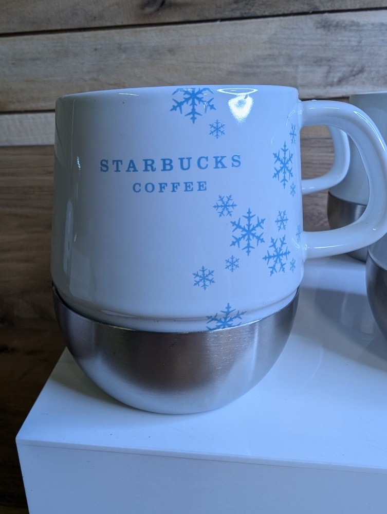 Starbucks 2007 Urban Holiday 4-Piece Blue Snowflake Stainless Steel Winter Coffee Mug Set