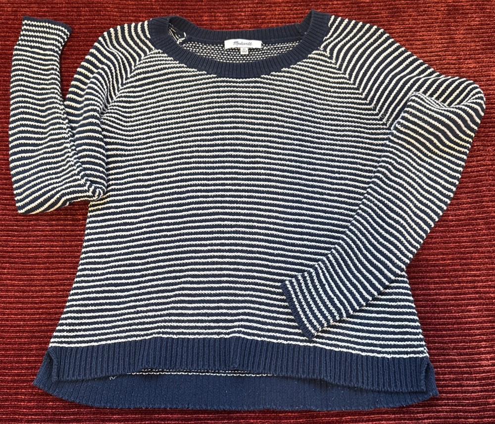 Madewell Women XS Navy Blue White Stripe Crew Neck Pullover Sweater 100 Cotton 7
