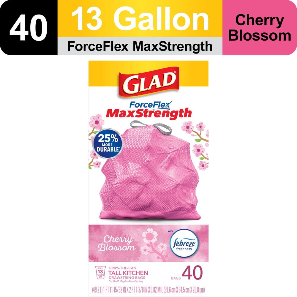 Glad ForceFlex MaxStrength 13 Gallon Tall Kitchen Drawstring Trash Bags, 40 Bags
