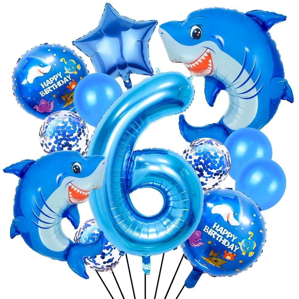 40 Inch 6 Balloon Number Cute Blue Shark Balloons Giant Foil Number 6 Balloon...