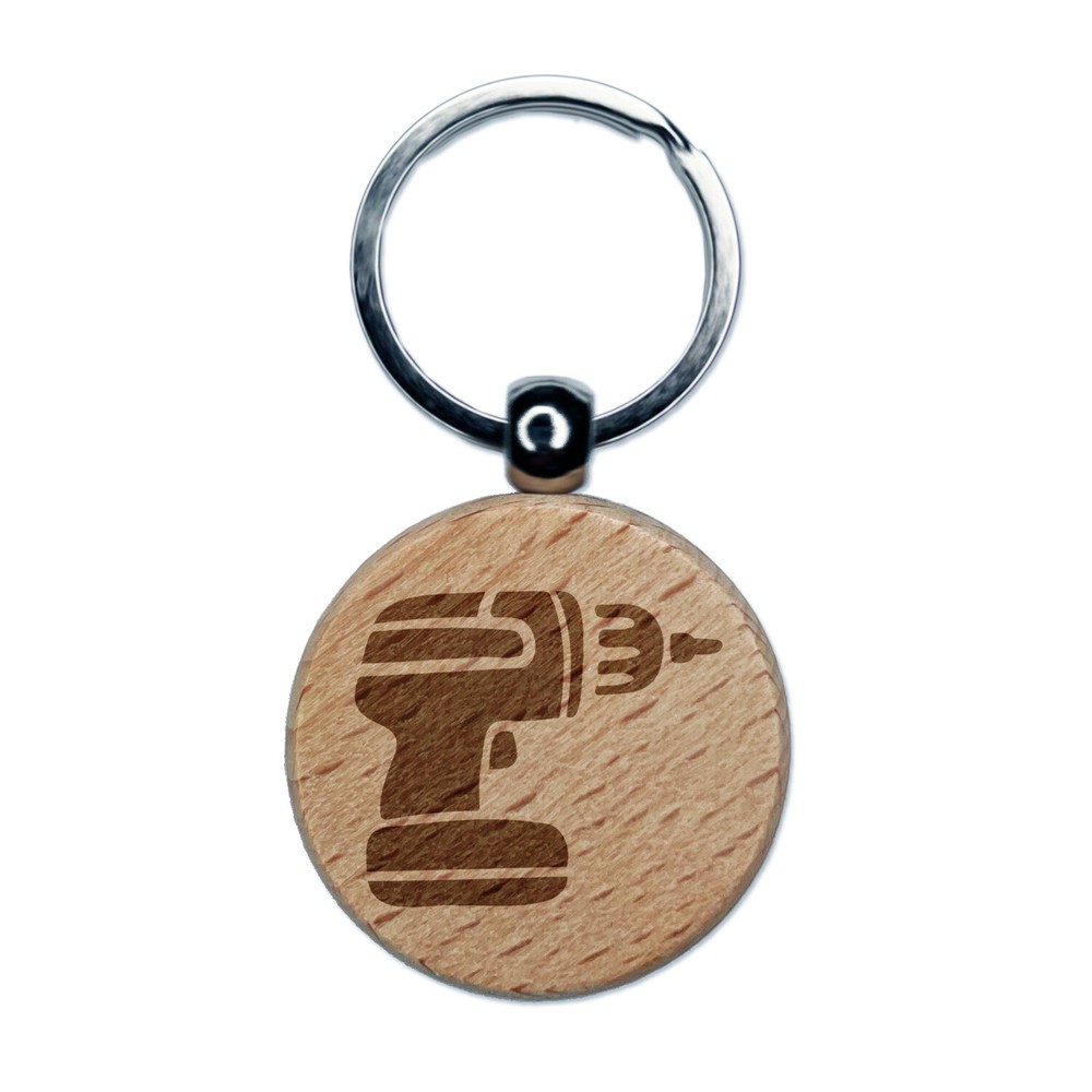 Hand Power Drill Craftsman Tool Engraved Wood Round Keychain Tag Charm