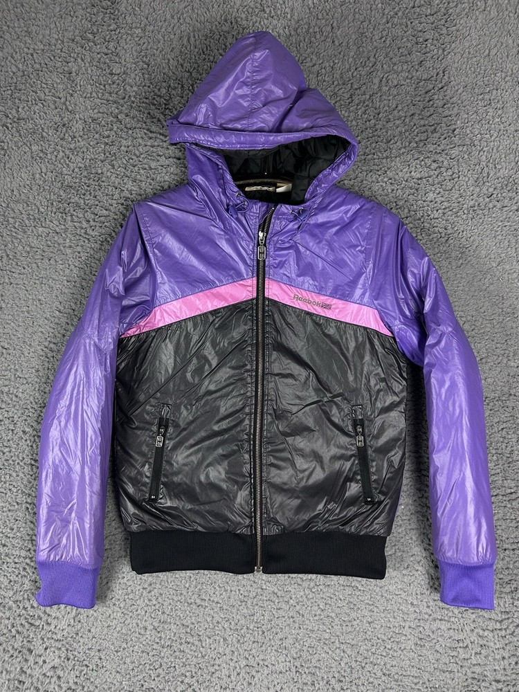Rare Reebok Classic Hooded Puffer Jacket Purple Black Pink Womens Small Quilted