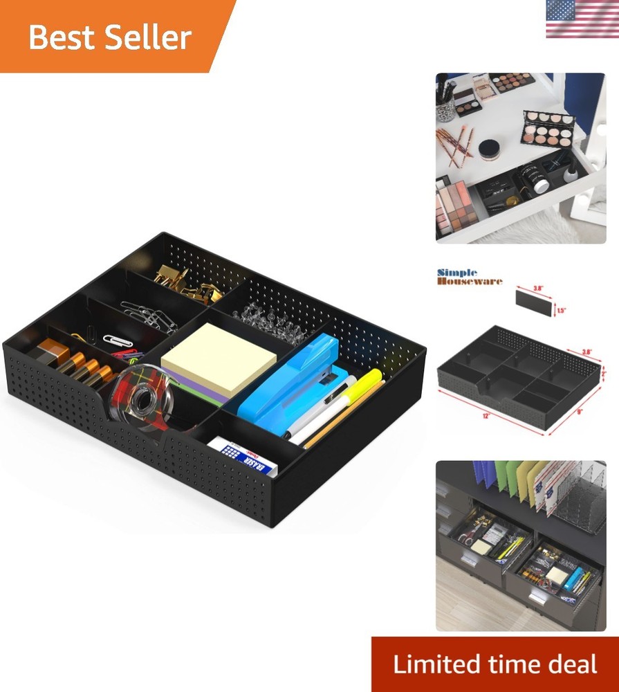 9-Compartment Black Adjustable Drawer Organizer for Modern Workspaces