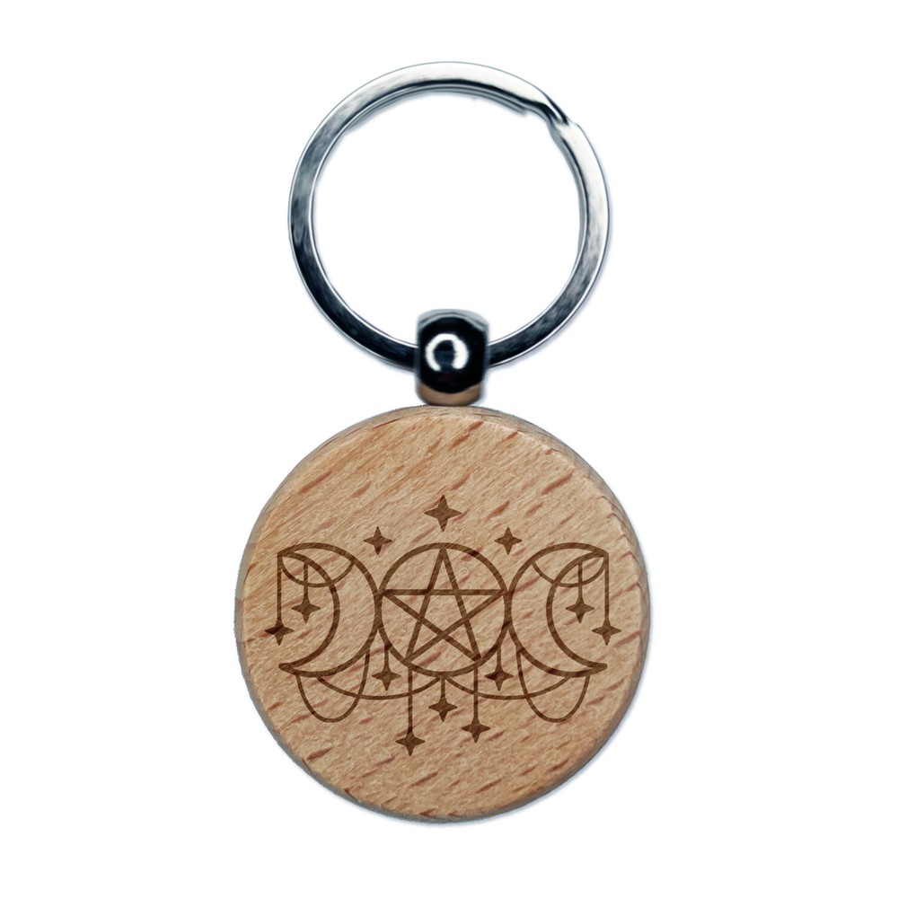 Celestial Moon Goddess Engraved Wood Round Keychain Tag Charm