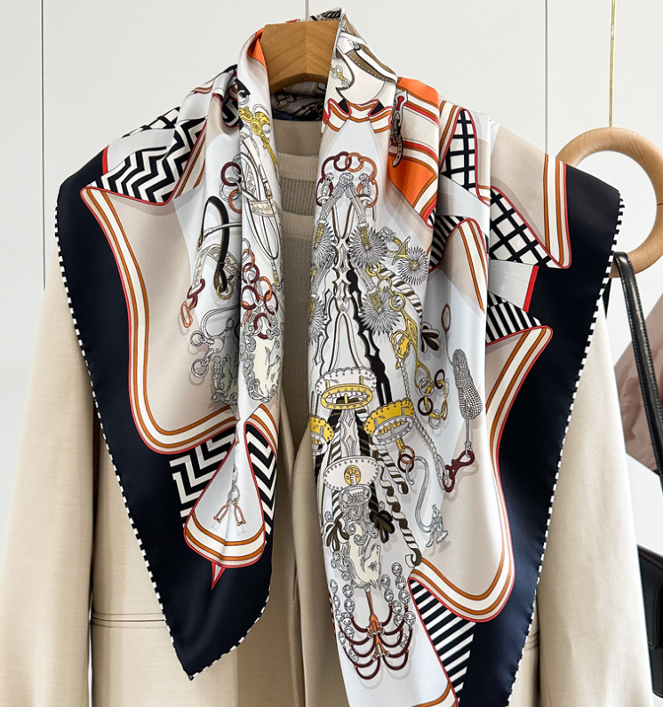 Pure 18 Momme Twill Silk Wrap Scarf Bandanna Saddle Print Square Shawl 35'’new