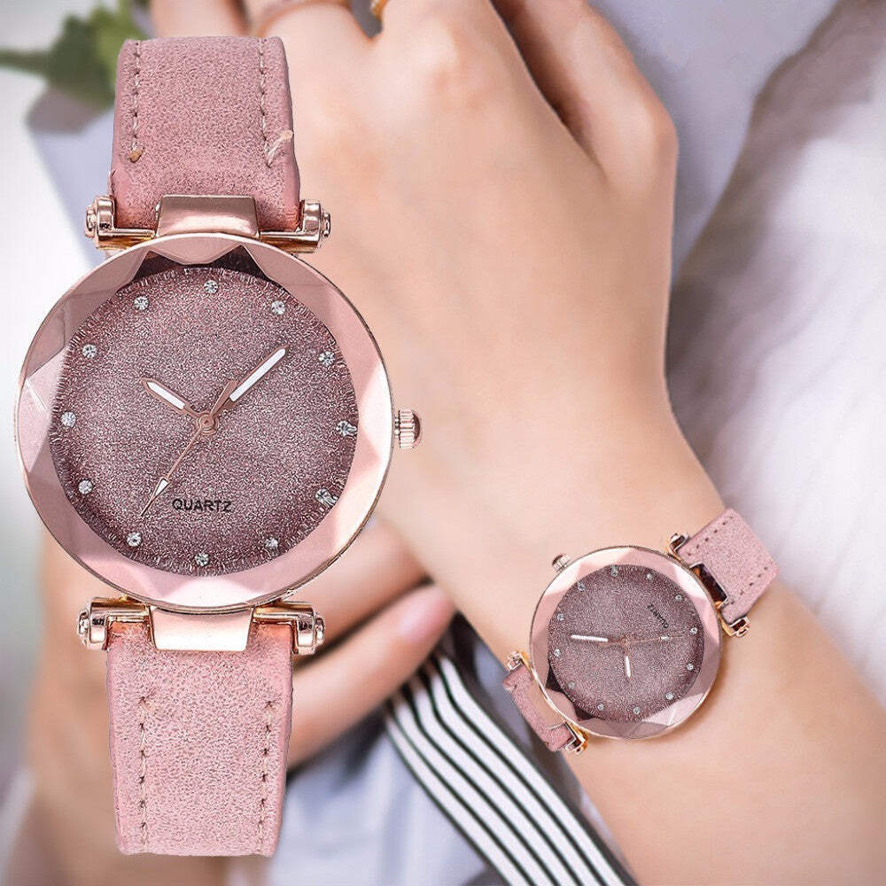 Elegant Starry Sky Women's Quartz Watch with Leather Strap and Rhinestones