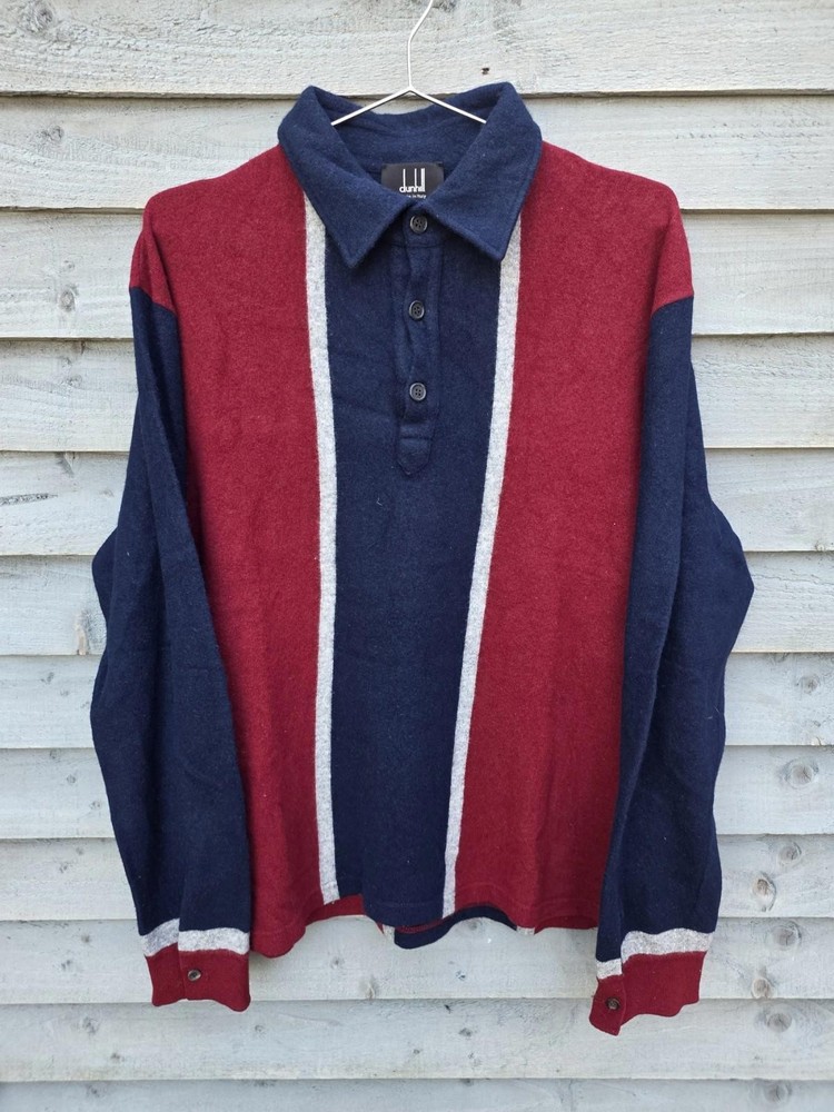 Dunhill Merino Wool Polo Shirt Mens XL Navy Burgundy Vintage Sweater Italy Made